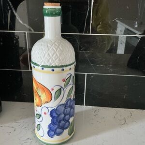 Vintage white ceramic hand painted fruit design bottle with cork 11” inch tall